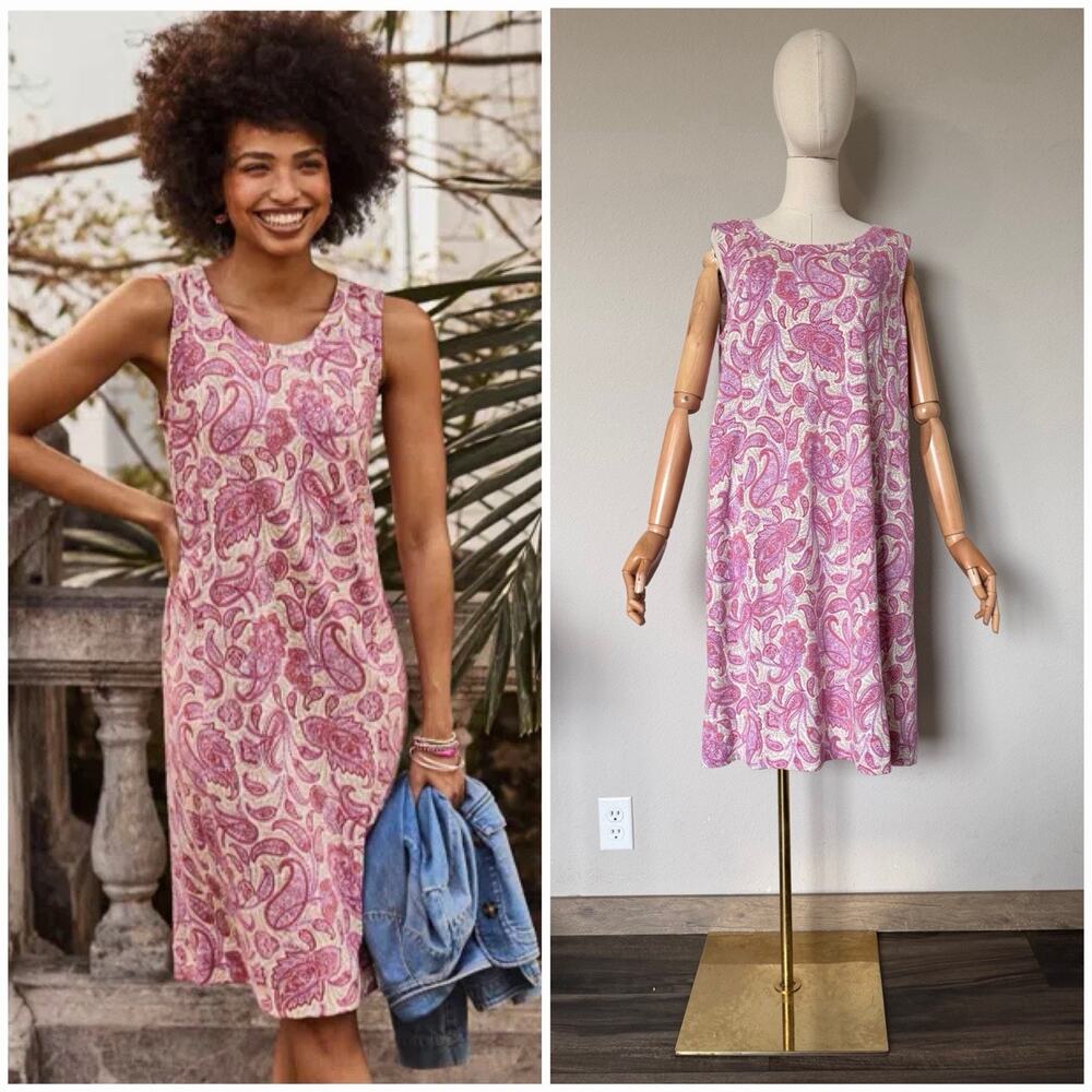 J. Jill Sz M Sleeveless Dress Paisley Pink Printed Pockets Cotton Slub Knit NWOT